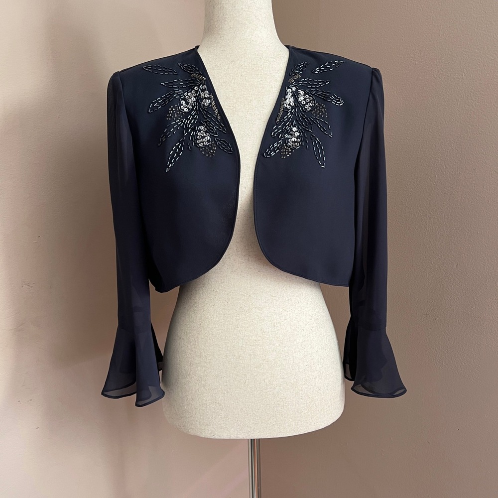 Y2K Fairy Bolero S.L. Fashions Navy Sheer Shrug Beaded Floral Formal Petite 14P
